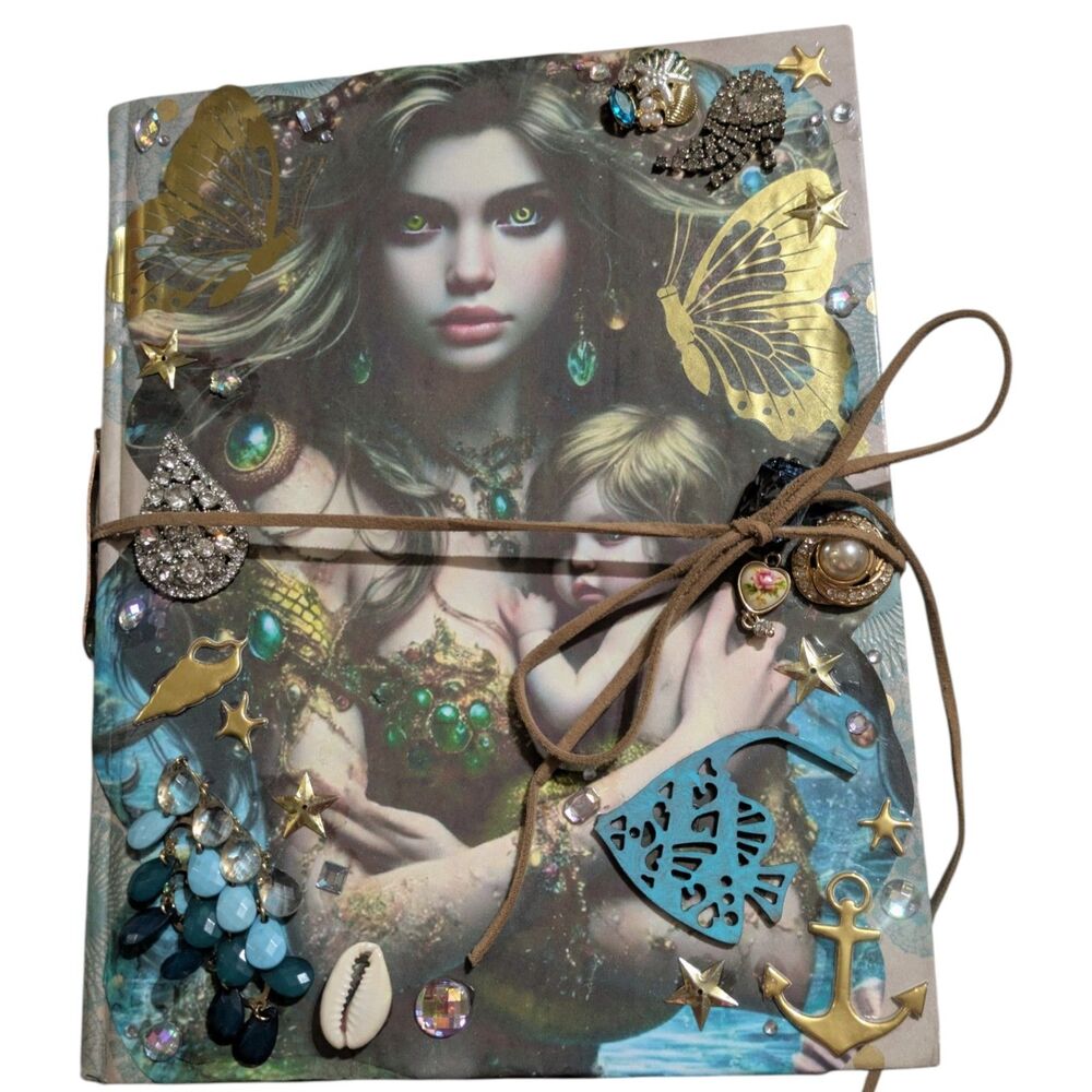 Handmade Mermaid Junk Journal Ocean Theme Art Journal Mixed Media Charms Pearls - Picture 2 of 12